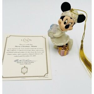 Lenox Disney Merry Christmas Minnie Ornament 2003 Gold Tassel COA Ivory China